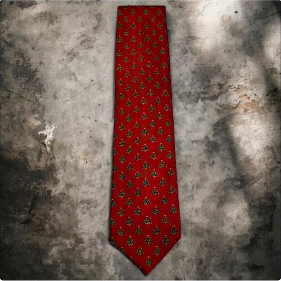 Men’s Red Christmas Tie with Small Festive Tree Pattern Holiday Necktie - Picture 2 of 3